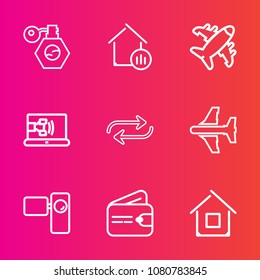 Premium set with outline vector icons. Such as substitute, pump, aircraft, property, purse, finance, transport, travel, cash, tripod, building, architecture, internet, container, plane, beauty, money