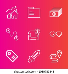 Premium set with outline vector icons. Such as property, paper, tag, empty, modern, price, couch, route, weapon, glasses, house, label, currency, furniture, file, position, real, fashion, navigation
