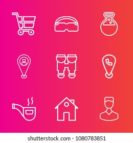 Premium set with outline vector icons. Such as tobacco, tool, human, vintage, travel, avatar, estate, laboratory, shop, dental, retail, lab, pin, profile, optical, medical, house, trolley, medicine
