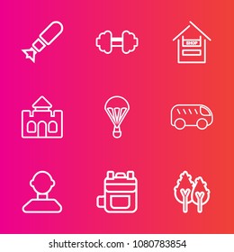Premium set with outline vector icons. Such as nuclear, environment, architecture, jump, workout, store, attack, fitness, castle, nature, medieval, war, extreme, parachute, bomb, military, profile