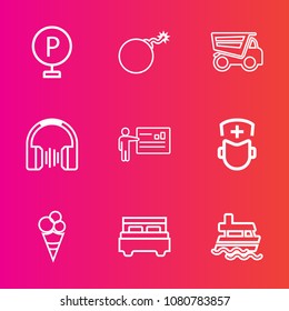 Premium set with outline vector icons. Such as business, transportation, music, surgeon, food, bedroom, bed, truck, urban, bomb, stereo, road, vessel, sound, transport, dump, interior, lot, automobile