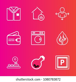 Premium set with outline vector icons. Such as landscape, shirt, road, tool, arrow, cotton, forest, nature, money, growth, white, template, washer, place, home, vehicle, fashion, tree, technology, car