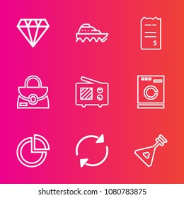 Premium set with outline vector icons. Such as chart, financial, style, fashion, bag, graph, bill, arrow, boat, object, musical, radio, housework, jewelry, folk, shiny, gem, music, water, wireless