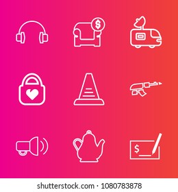Premium set with outline vector icons. Such as step, sign, tea, leather, couch, drink, van, gun, military, style, pay, check, home, concept, audio, army, equipment, machine, up, furniture, pen, modern