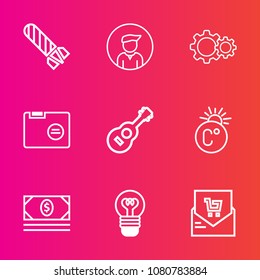 Premium set with outline vector icons. Such as electricity, bank, coin, young, temperature, money, receipt, flame, fire, lightbulb, paper, business, people, explosive, fashion, thermometer, electric