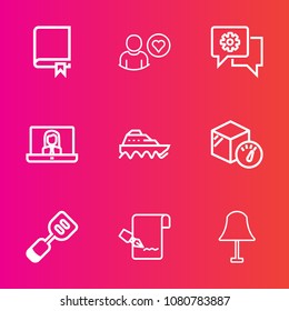 Premium set with outline vector icons. Such as knowledge, textbook, profile, book, water, ship, package, education, boat, tool, document, online, transport, read, electricity, weight, paper, chat, pen