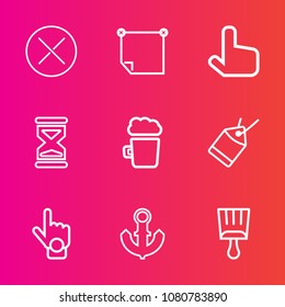 Premium set with outline vector icons. Such as web, ship, click, sand, brush, button, note, post, message, tag, anchor, hour, index, sea, paper, clock, boat, nautical, hand, white, board, sticky, beer