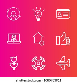 Premium set with outline vector icons. Such as idea, identification, concept, control, internet, flower, drone, plane, good, management, business, flight, report, hand, video, name, removal, man, home