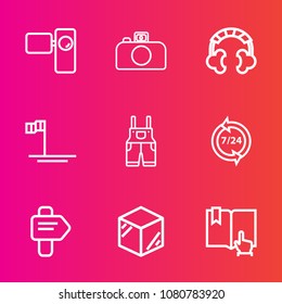 Premium set with outline vector icons. Such as photo, beach, movie, service, click, package, call, music, camera, audio, business, lens, headset, arrow, uniform, sign, book, direction, operator, wear