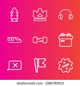 Premium set with outline vector icons. Such as pine, america, flag, technology, train, sport, box, transport, queen, wood, closed, royal, sign, nation, national, chat, sound, audio, gym, workout, tree