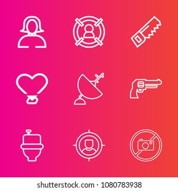 Premium set with outline vector icons. Such as weapon, drill, pistol, group, target, portrait, restroom, market, woman, young, beautiful, targeting, wc, forbidden, gun, revolver, marketing, handgun