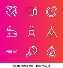 Premium set with outline vector icons. Such as compass, nature, air, payment, chicken, snack, chessboard, meal, pie, flight, aviation, transportation, mountain, ball, travel, hit, sport, blue, game