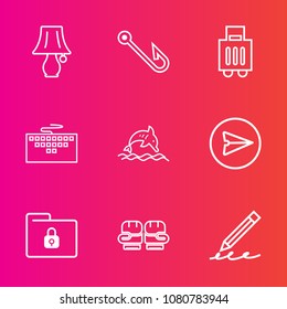 Premium set with outline vector icons. Such as lock, pencil, file, fishing, desk, bulb, rod, competition, hook, folder, email, technology, dolphin, bag, sport, luggage, message, fish, web, safety, pen