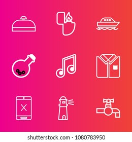 Premium set with outline vector icons. Such as tool, cord, musical, fire, trip, shirt, laboratory, equipment, white, yacht, light, tourist, lighthouse, sound, bag, fashion, gas, lighter, speed, smoke