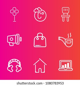 Premium set with outline vector icons. Such as chart, air, classic, rotation, megaphone, cool, tobacco, wind, scale, speaker, house, home, estate, retail, vintage, fahrenheit, sound, building, object