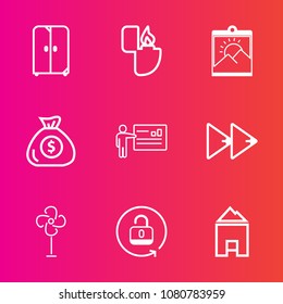 Premium set with outline vector icons. Such as finance, rewind, photo, fan, interior, picture, white, protection, money, object, banking, office, financial, music, gas, furniture, blank, flame, button