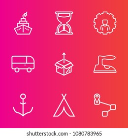 Premium set with outline vector icons. Such as concept, package, ship, navigation, transportation, website, transport, time, timer, watch, ironing, cardboard, clothes, domestic, point, clock, map, 