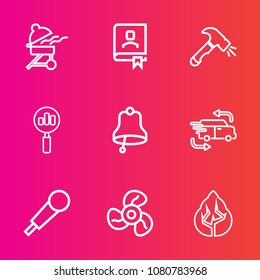 Premium set with outline vector icons. Such as bbq, equipment, search, cooking, find, ring, audio, notebook, fast, ventilator, transportation, sign, forest, electric, shovel, tree, business, grill