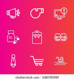 Premium set with outline vector icons. Such as sport, referee, loud, object, boxing, pretty, tie, glove, volume, internet, computer, game, medicine, speaker, professional, voice, warning, phone, water