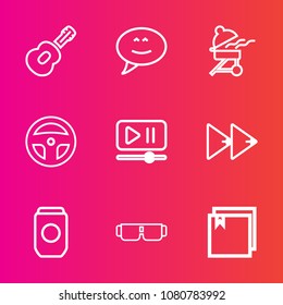 Premium set with outline vector icons. Such as sunglasses, chat, container, video, rewind, sound, message, sun, interface, white, audio, can, tin, bbq, web, dialog, speech, meat, file, button, rock