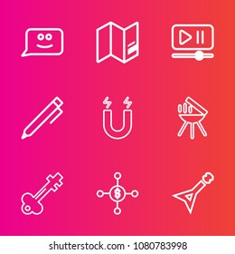 Premium set with outline vector icons. Such as magnetic, planet, meat, face, guitar, barbecue, button, pencil, video, field, player, world, key, lock, write, business, door, bbq, cooking, hand, money