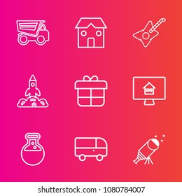 Premium set with outline vector icons. Such as cargo, science, property, estate, holiday, business, tool, rocket, white, space, online, equipment, car, night, road, house, real, building, heavy, dump