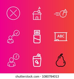 Premium set with outline vector icons. Such as cable, cocktail, no, background, home, web, drink, internet, computer, hour, window, house, juice, usb, fresh, business, office, complete, blackboard