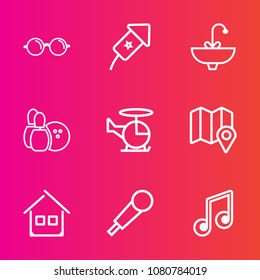 Premium set with outline vector icons. Such as bathroom, bowling, sport, lens, firework, sound, sight, eye, aircraft, light, music, festival, background, helicopter, holiday, note, water, audio, air