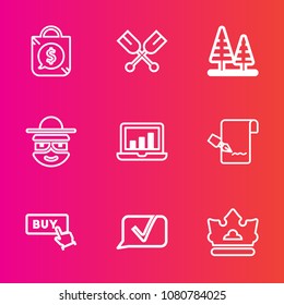 Premium set with outline vector icons. Such as graphic, label, computer, oar, shop, paddle, forest, queen, discount, chart, list, crown, wood, rowing, landscape, tag, pen, green, water, king, tree