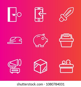 Premium set with outline vector icons. Such as white, meeting, conference, finance, knight, sign, public, presentation, hat, arrow, gramophone, emergency, smartphone, package, vintage, music, fashion