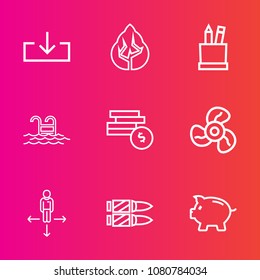 Premium set with outline vector icons. Such as pencil, horizontal, web, weapon, coin, bullet, wood, investment, direction, electric, air, download, button, sign, nature, pool, landscape, blue, road