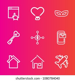 Premium set with outline vector icons. Such as mail, aircraft, money, dollar, click, web, estate, sign, investment, holiday, heart, costume, phone, key, mobile, architecture, arrow, mask, security