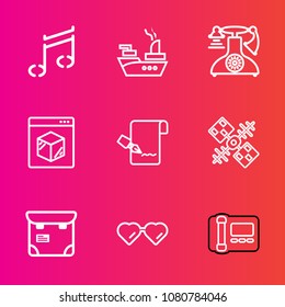 Premium set with outline vector icons. Such as marine, glasses, sign, shipping, sunglasses, space, note, call, telephone, online, satellite, business, pen, technology, sound, melody, internet, person