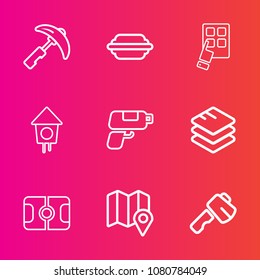 Premium set with outline vector icons. Such as data, stadium, lettuce, equipment, gun, sandwich, map, location, sport, building, burger, hammer, hamburger, food, construction, machinery, internet, bun