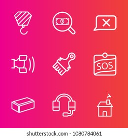 Premium set with outline vector icons. Such as estate, search, , chat, closed, cell, industrial, smartphone, business, button, headset, cellphone, mobile, find, material, center, home, construction