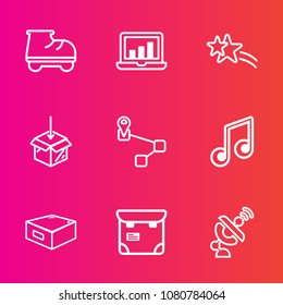 Premium set with outline vector icons. Such as graph, technology, navigation, falling, young, computer, professional, star, park, note, drawer, fun, screen, point, musical, music, global, pretty, map