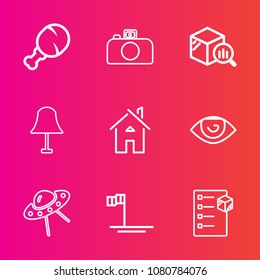 Premium set with outline vector icons. Such as body, cargo, business, fried, delivery, human, lamp, ocean, ufo, estate, snack, finance, interior, electricity, spacecraft, leg, space, meat, eye, house