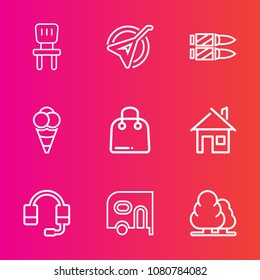Premium set with outline vector icons. Such as call, technology, ice, forest, room, musical, dessert, fashion, bullet, string, nature, home, seat, furniture, headset, car, interior, military, chair