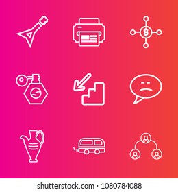 Premium set with outline vector icons. Such as down, computer, speech, sign, rock, decoration, concert, upstairs, income, hierarchy, structure, transportation, message, bus, people, vase, dollar, jug