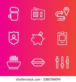 Premium set with outline vector icons. Such as bar, foam, location, protect, drink, gps, shield, signal, route, direction, equality, mug, investment, lager, glass, food, hamburger, bank, beer, badge