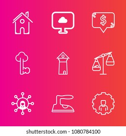 Premium set with outline vector icons. Such as home, mobile, real, clothes, estate, account, landmark, metal, sign, old, measurement, ironing, europe, cloud, web, communication, vintage, sale, label
