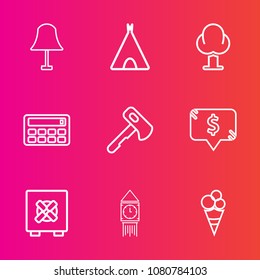 Premium set with outline vector icons. Such as nature, travel, hammer, frame, price, button, outdoor, electric, bulb, illumination, food, environment, electricity, modern, leisure, camp, summer, light