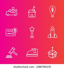 Premium set with outline vector icons. Such as justice, property, launch, travel, new, house, shipping, truck, building, cardboard, delivery, card, transport, science, home, rocket, shuttle, window