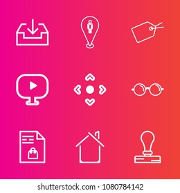 Premium set with outline vector icons. Such as tag, home, envelope, background, navigation, paper, stamp, pin, view, estate, building, optical, technology, sale, video, computer, market, eyeglasses