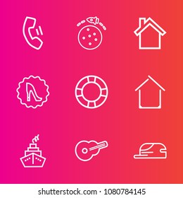 Premium set with outline vector icons. Such as construction, white, boots, beautiful, fashion, rocket, planet, property, pool, architecture, holiday, real, float, swim, ring, heel, communication, hat