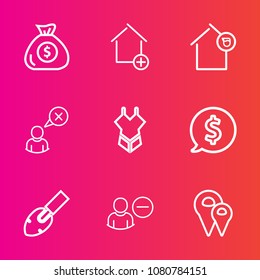 Premium set with outline vector icons. Such as business, web, woman, owner, location, equipment, new, frame, pin, property, money, currency, estate, online, real, sign, road, travel, swimsuit, add