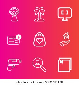 Premium set with outline vector icons. Such as business, style, travel, leaf, house, air, file, sack, game, object, laptop, pc, web, property, balloon, natural, sky, nature, palm, flying, high, bag