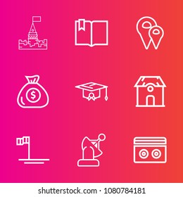 Premium set with outline vector icons. Such as technology, stereo, money, palace, beach, finance, click, tower, blue, space, page, book, fantasy, mexico, banking, house, earth, university, travel, old