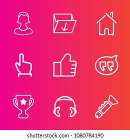 Premium set with outline vector icons. Such as equipment, finger, box, jazz, button, award, bubble, human, internet, find, user, speech, winner, achievement, first, sound, garbage, concept, recycling