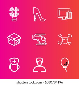 Premium set with outline vector icons. Such as tower, building, medicine, banking, cardboard, card, sky, balloon, heel, leather, air, doctor, finance, medical, travel, elegant, hospital, boy, sea, new